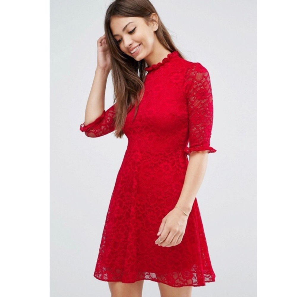 Asos Red Lace Dress with ruffle collar and sleeves